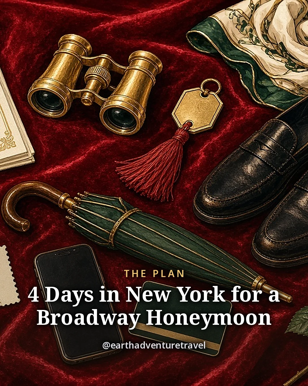 Illustration: brass opera glasses, a brass hotel key with a red tassel, a folded silk scarf, black dress shoes, a green umbrella and a phone on deep red velvet, original illustrated plan card for 4 days in New York for a Broadway honeymoon