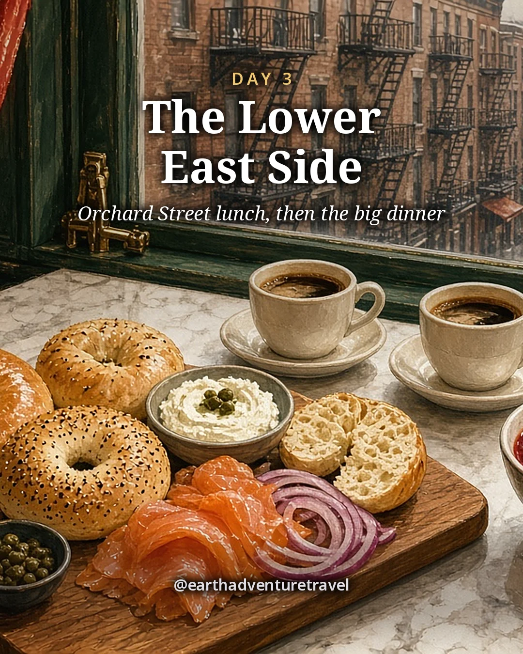 Illustration: a lunch for two on a marble counter, with bagels, smoked salmon, cream cheese, capers and red onion and two cups of coffee, and tenement fire escapes through the window, illustrated day card for Day 3