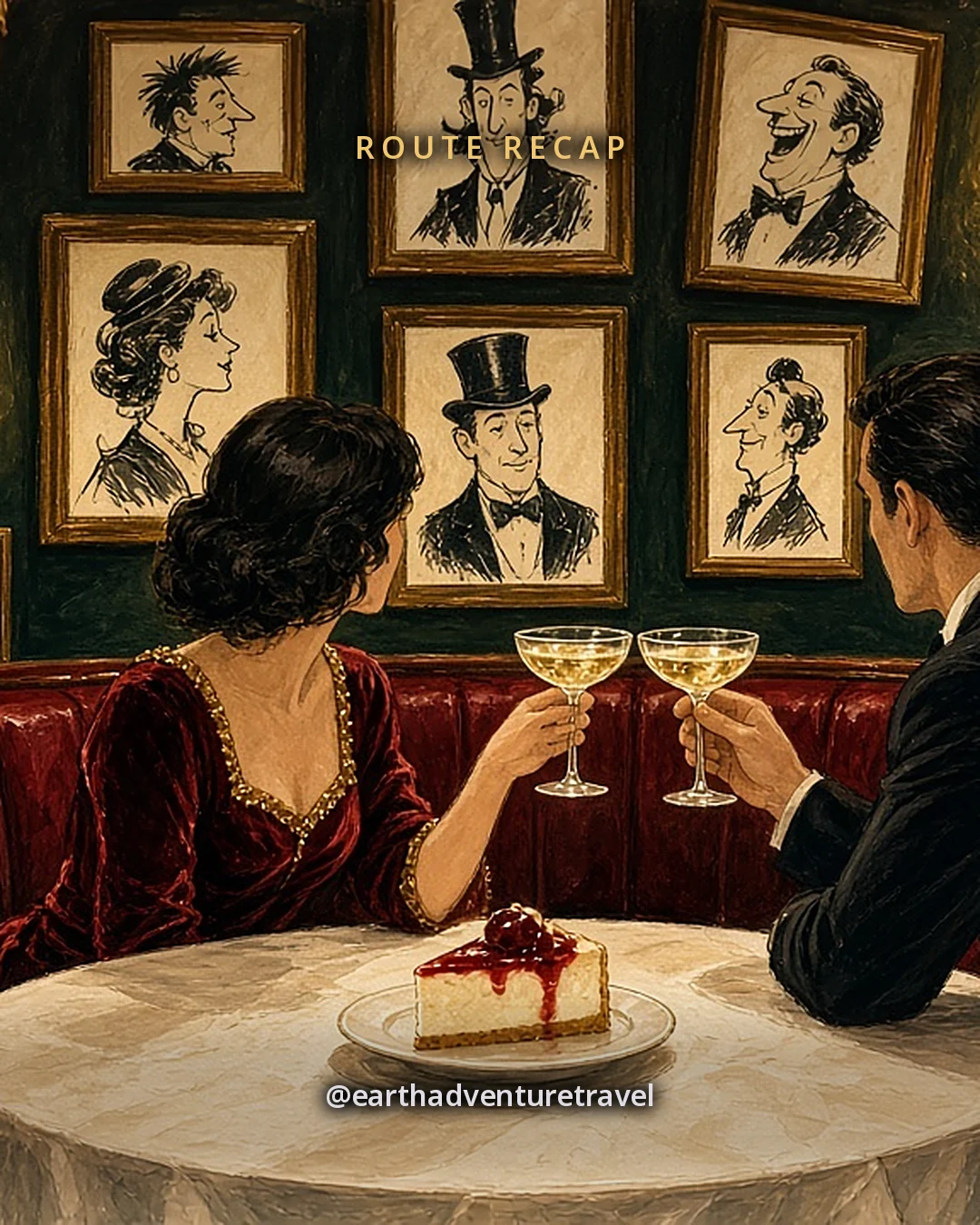 Illustration: a couple in a red leather booth clinking champagne coupes over a slice of cheesecake, with framed ink caricatures on the wall behind them, original illustrated recap card