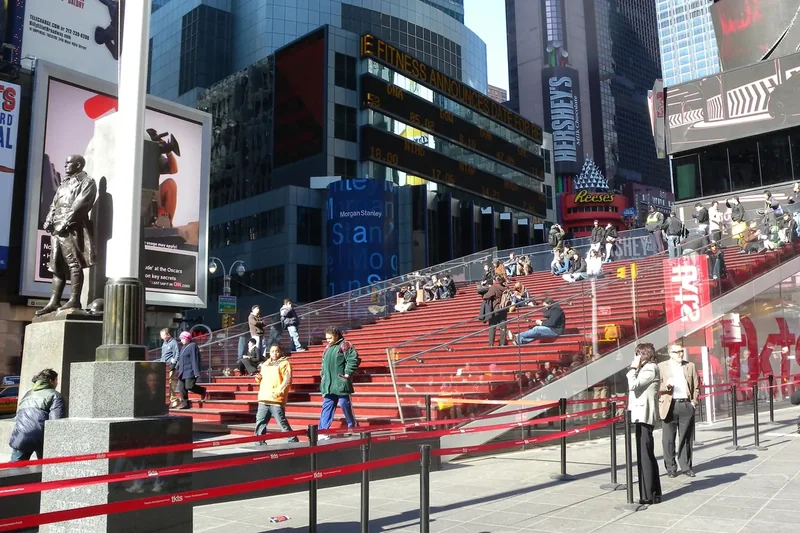 The red glass steps above the TKTS booth in Duffy Square, Times Square