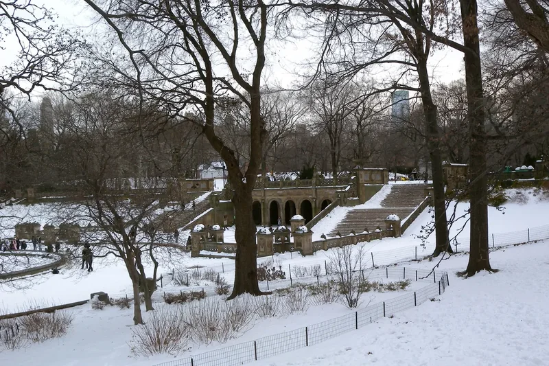 The Bethesda Terrace stairway in Central Park after a snowfall