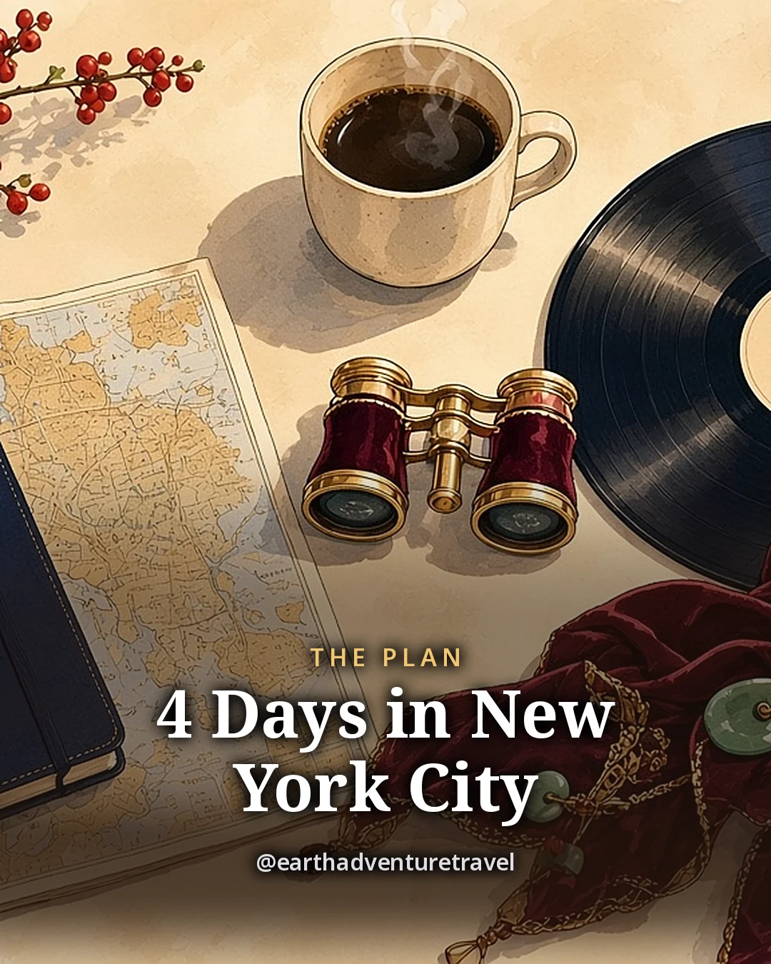 Illustration: a navy notebook, a folded paper map, a pair of opera glasses, a velvet scarf, a vinyl jazz record with a blank label, a coffee cup and a sprig of winter berries on a sunny table, original illustrated plan card for 4 days in New York City