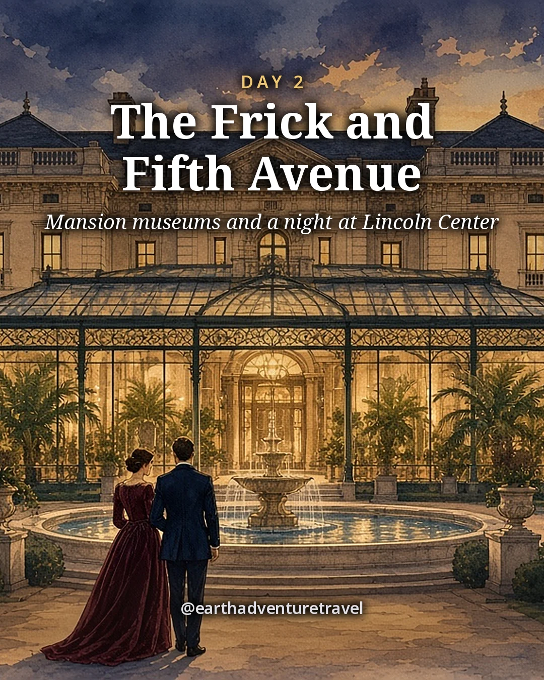 Illustration: a Gilded Age limestone mansion with a glass-roofed garden court, a quiet fountain and palms in urns at dusk, with a couple seen from behind, illustrated day card for Day 2