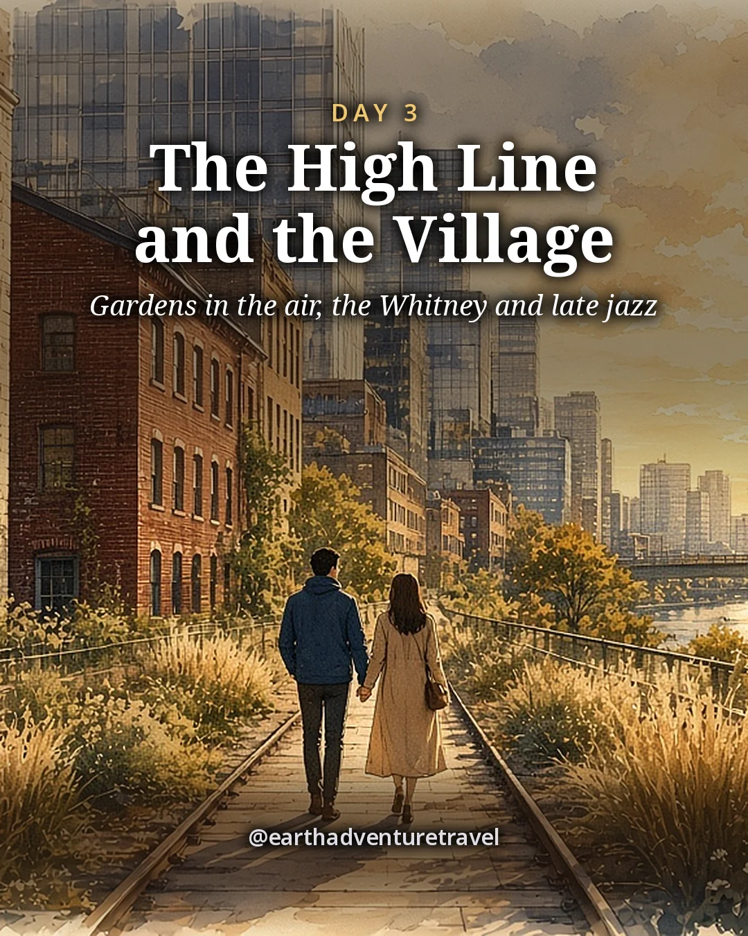 Illustration: an elevated garden walkway on an old rail line between brick warehouses and glass towers, winter grasses and the river beyond, a couple walking away, illustrated day card for Day 3