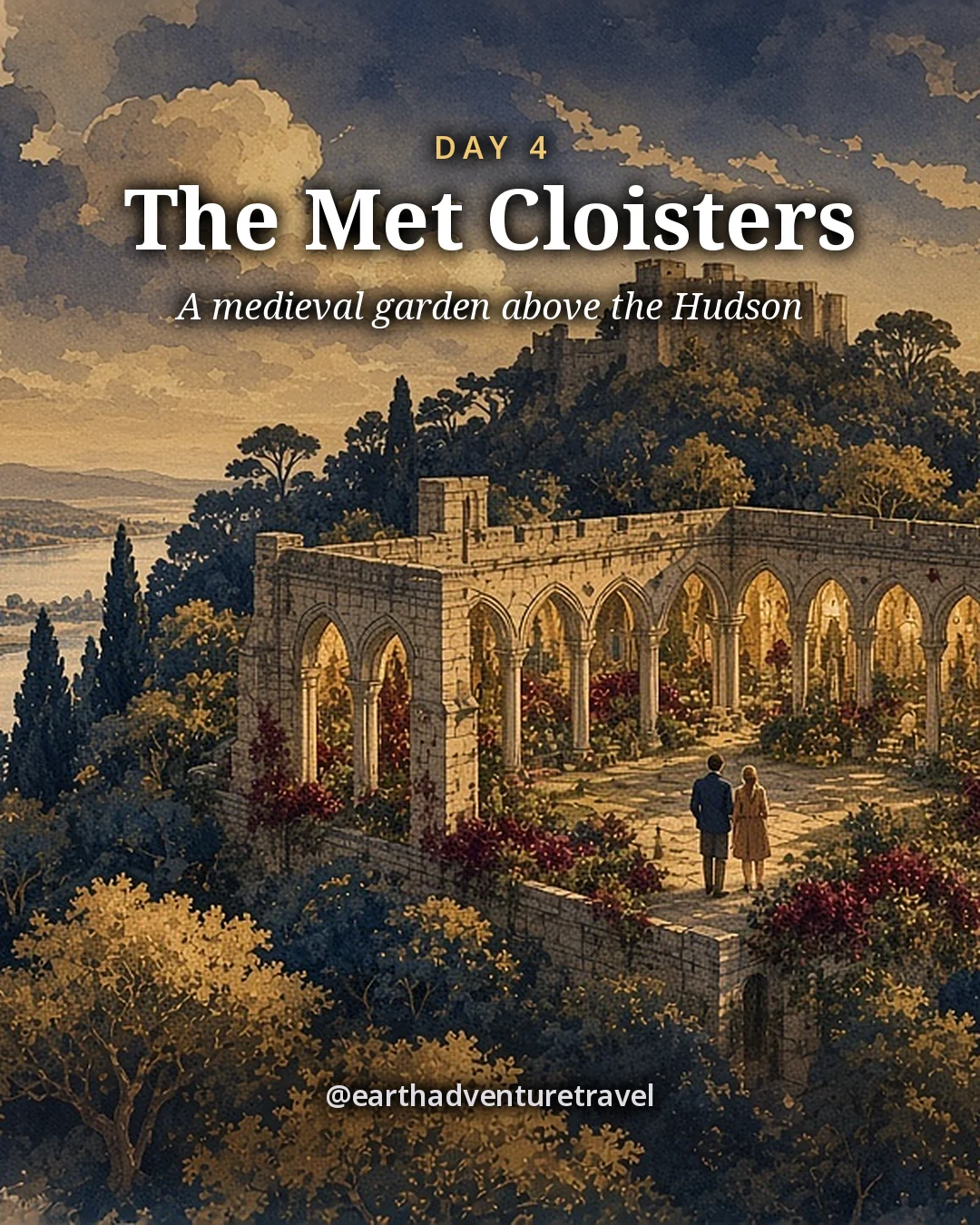 Illustration: a medieval-style stone cloister with arched colonnades around a garden on a wooded hill above a wide river, illustrated day card for Day 4