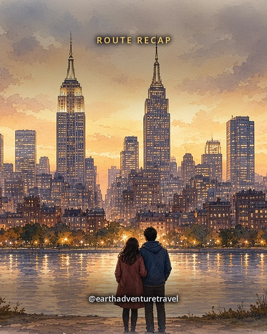 Illustration: the Manhattan skyline at dusk seen across the river, Art-Deco spires and lit windows reflected in calm water, with a couple seen from behind on the bank, original illustrated recap card
