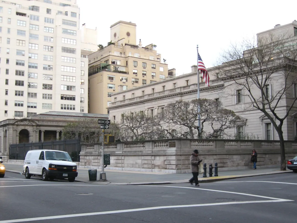 The Frick Collection mansion on the corner of Fifth Avenue and 70th Street, behind a garden and railings