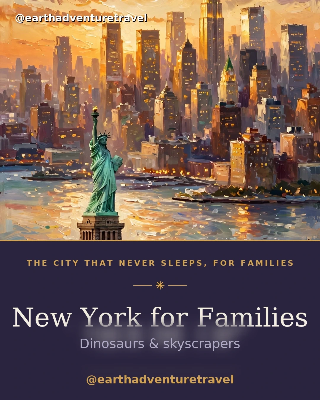 Illustrated New York City family guide cover: the Manhattan skyline at dusk with taxi-yellow accents