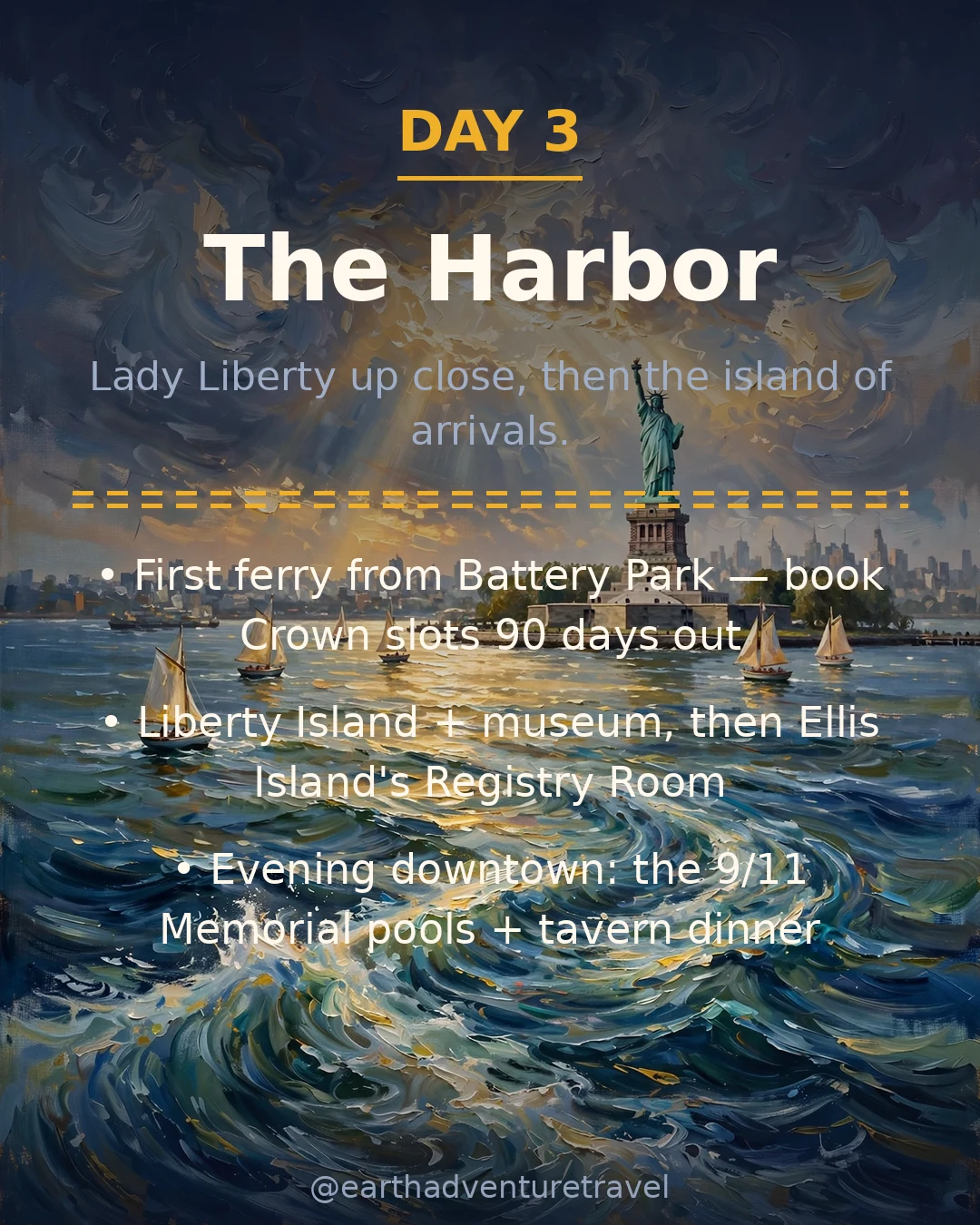 Day 3 graphic: the Statue of Liberty and Ellis Island ferry