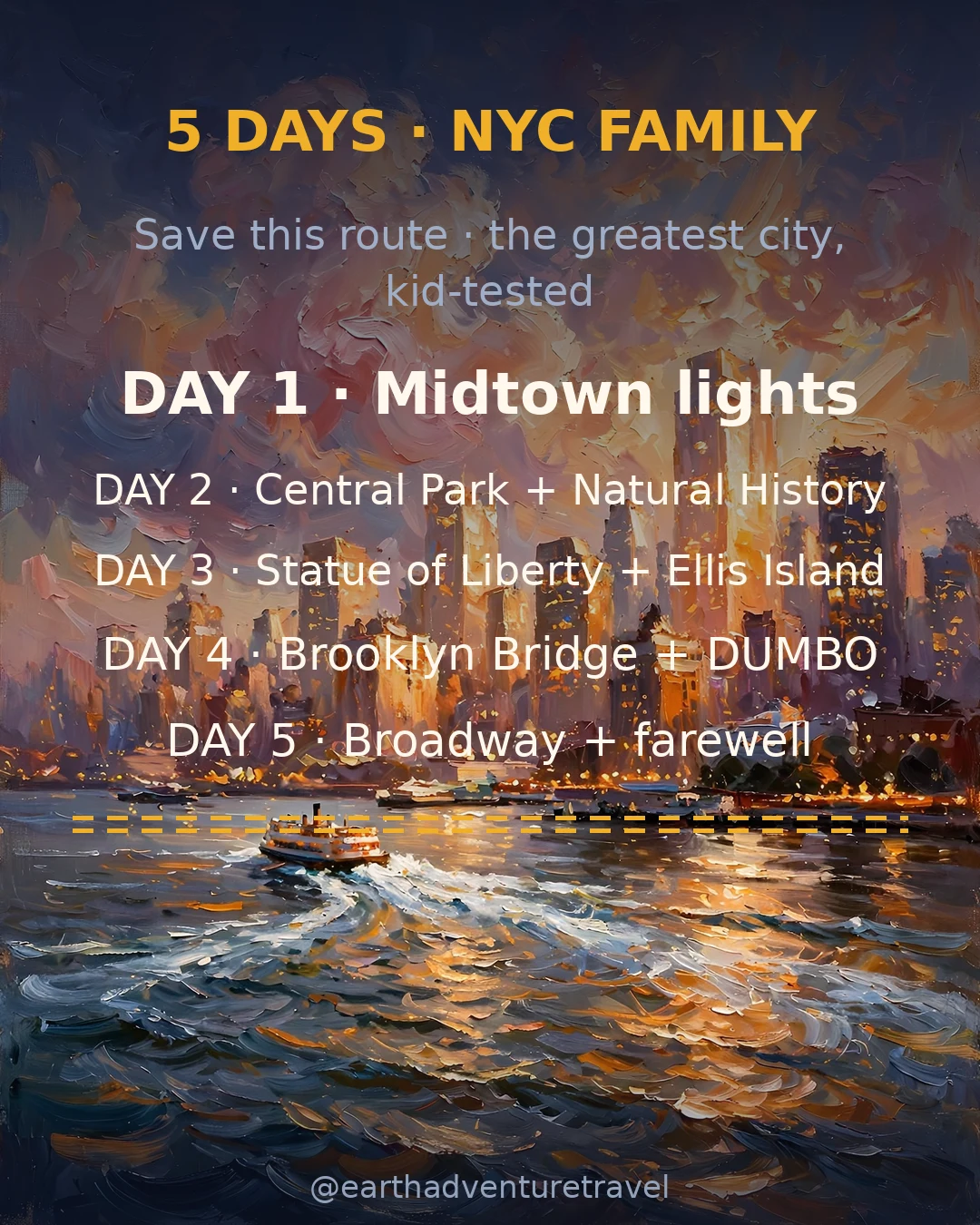 Saveable recap graphic for the five-day NYC family route