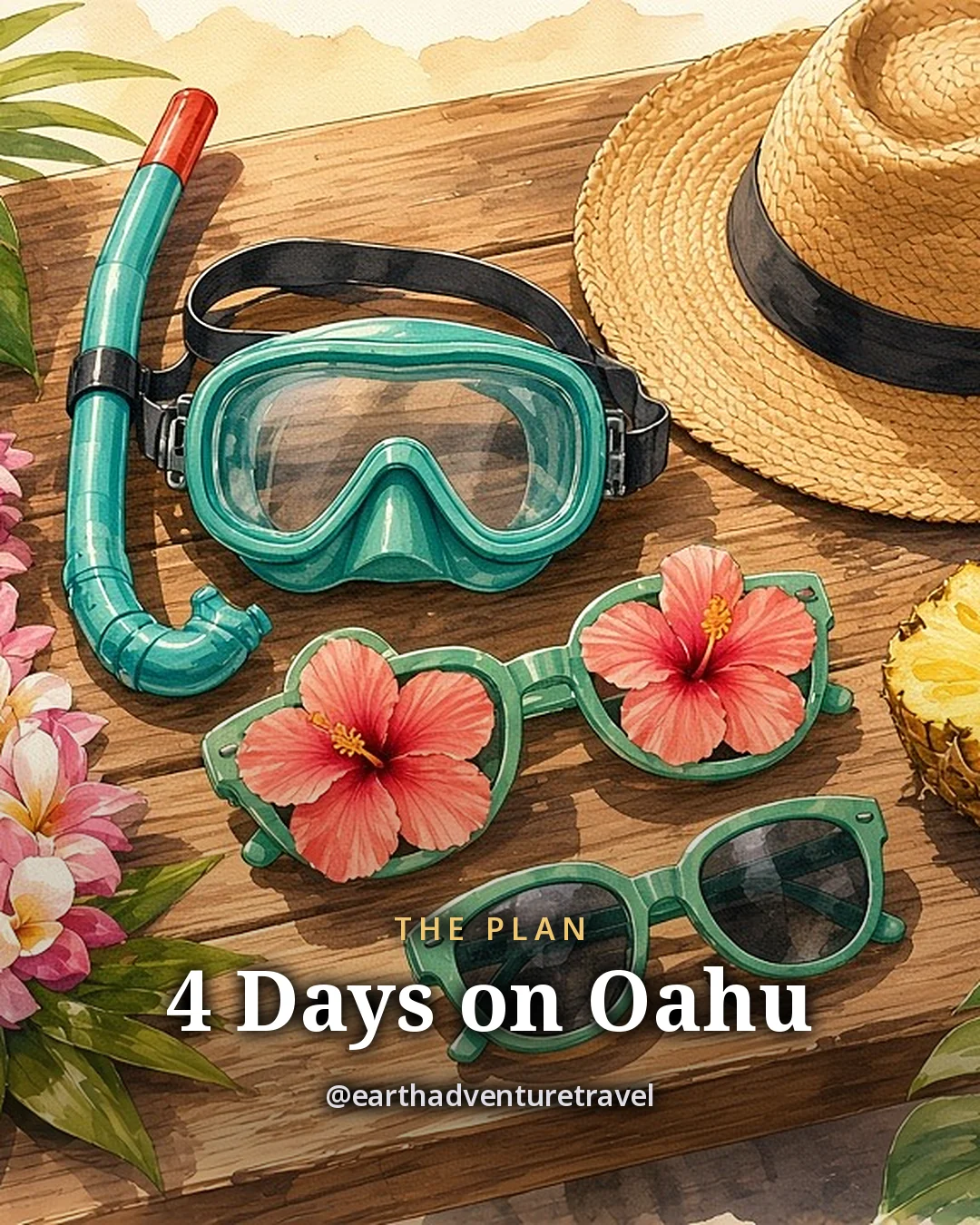 Illustration: a plumeria lei, a snorkel mask, sunglasses, a straw hat, a sliced pineapple and a coconut on a sunny wooden table, original illustrated plan card for 4 days on Oahu