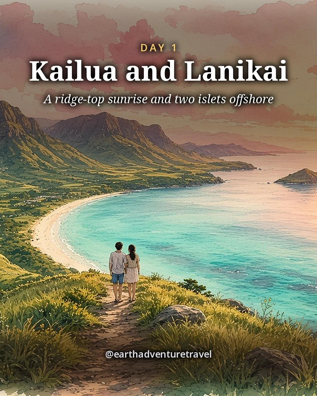 Illustration: a couple on a grassy ridge trail above a turquoise bay with a long white beach and small islets offshore, illustrated day card for Day 1