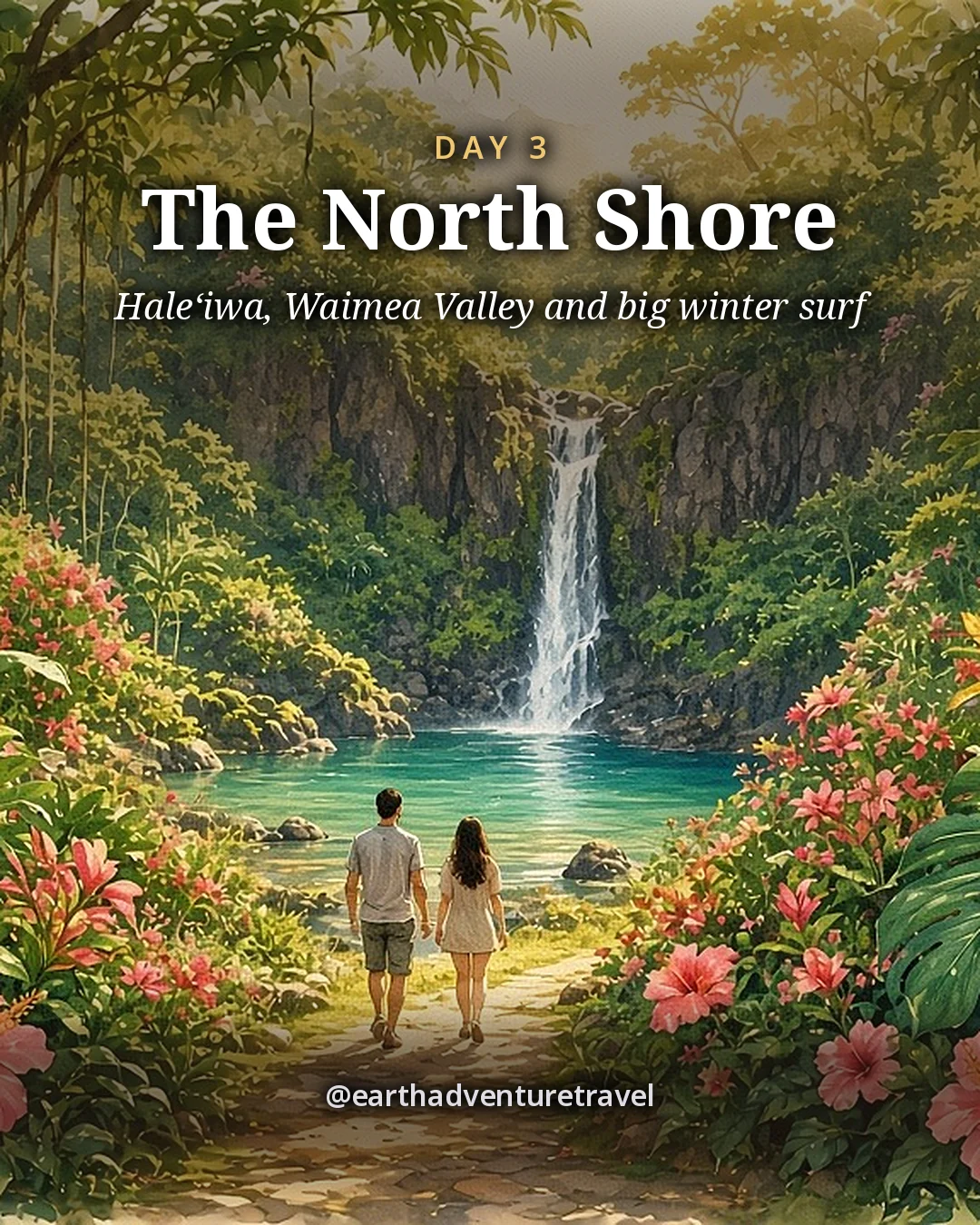 Illustration: a couple on a garden path leading to a slender waterfall in a lush tropical valley, illustrated day card for Day 3