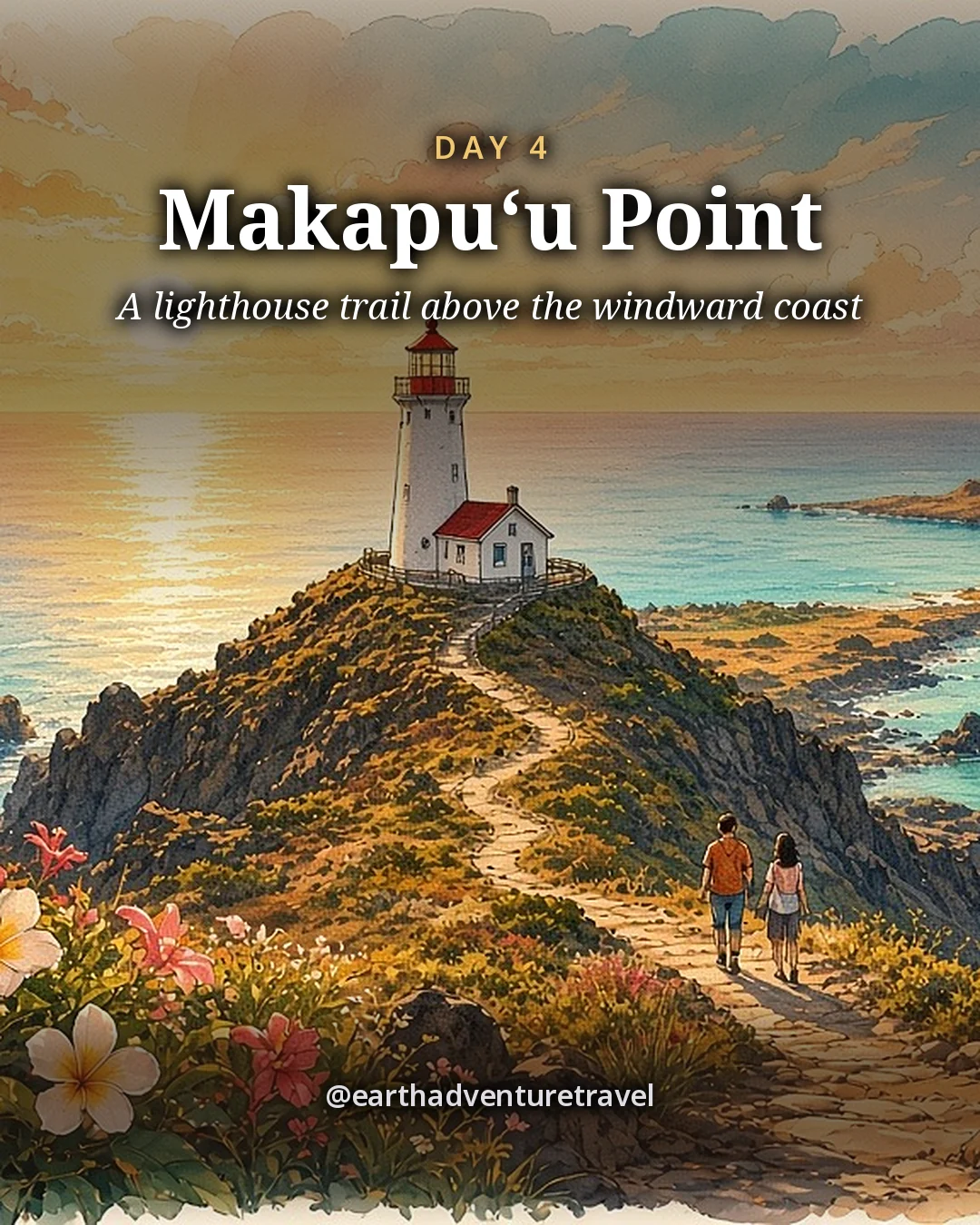Illustration: a red-roofed white lighthouse on dark sea cliffs above the ocean, with a couple on the trail, illustrated day card for Day 4