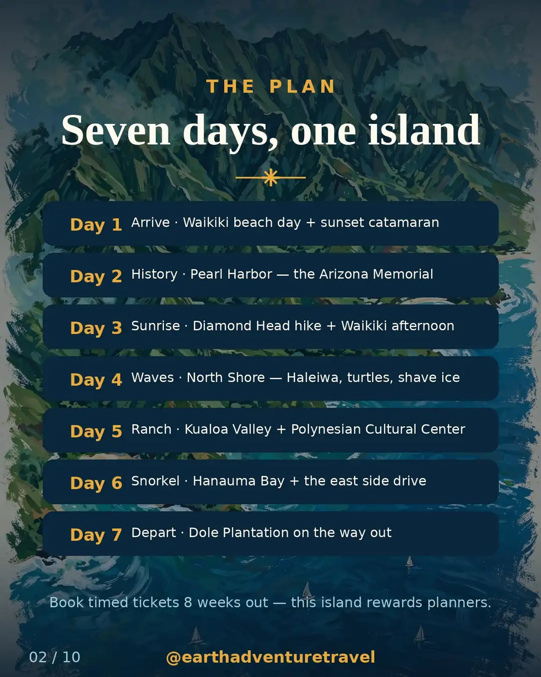 Saveable seven-day Oahu family route plan