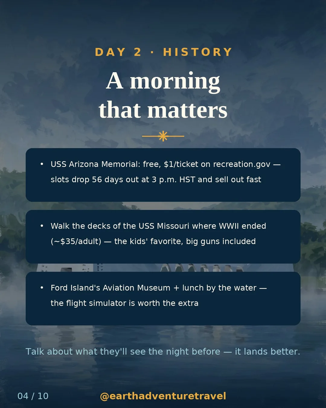 Day 2 itinerary slide: Pearl Harbor — USS Arizona Memorial, USS Missouri, aviation museum