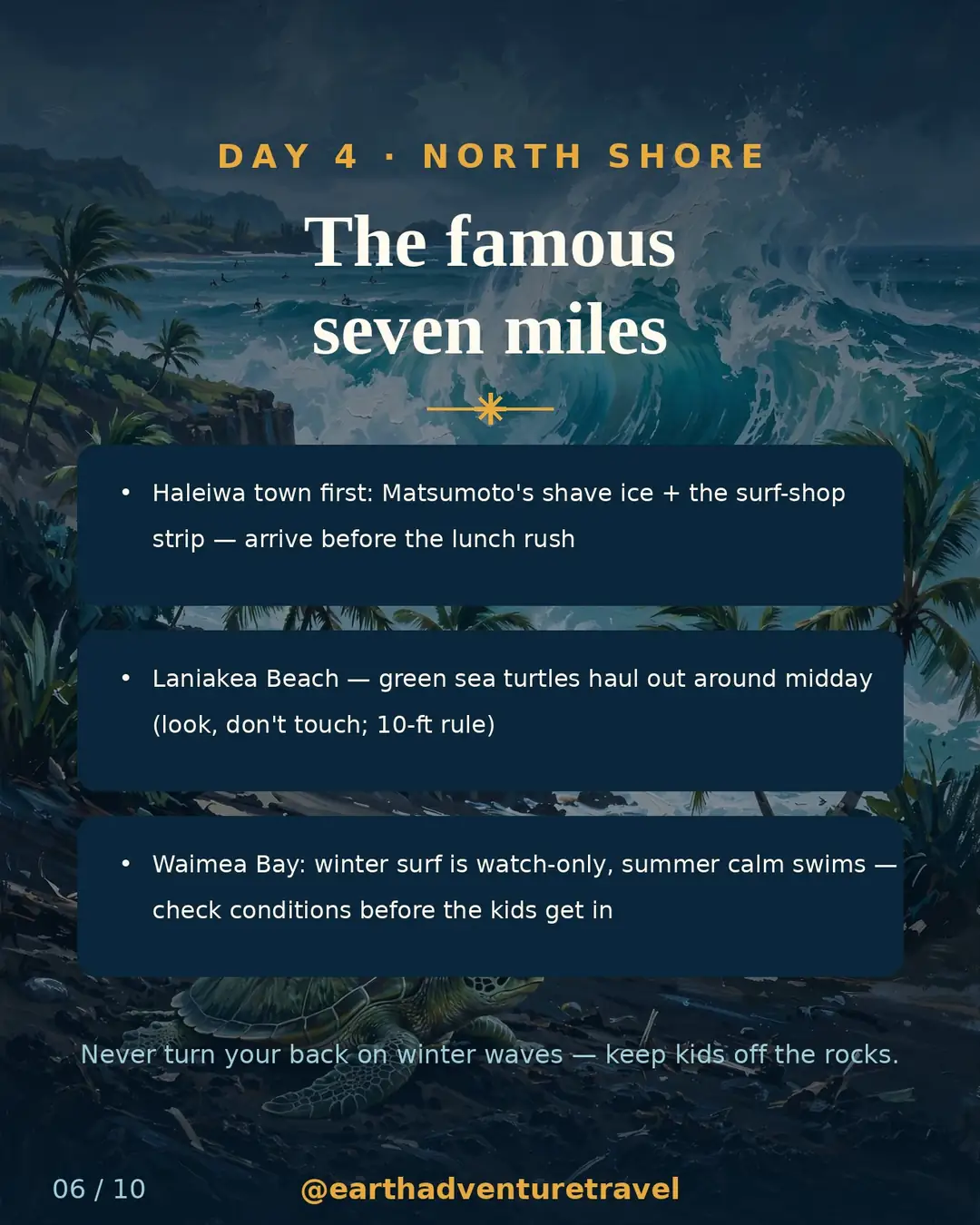 Day 4 itinerary slide: the North Shore — Haleiwa, sea turtles, Waimea Bay