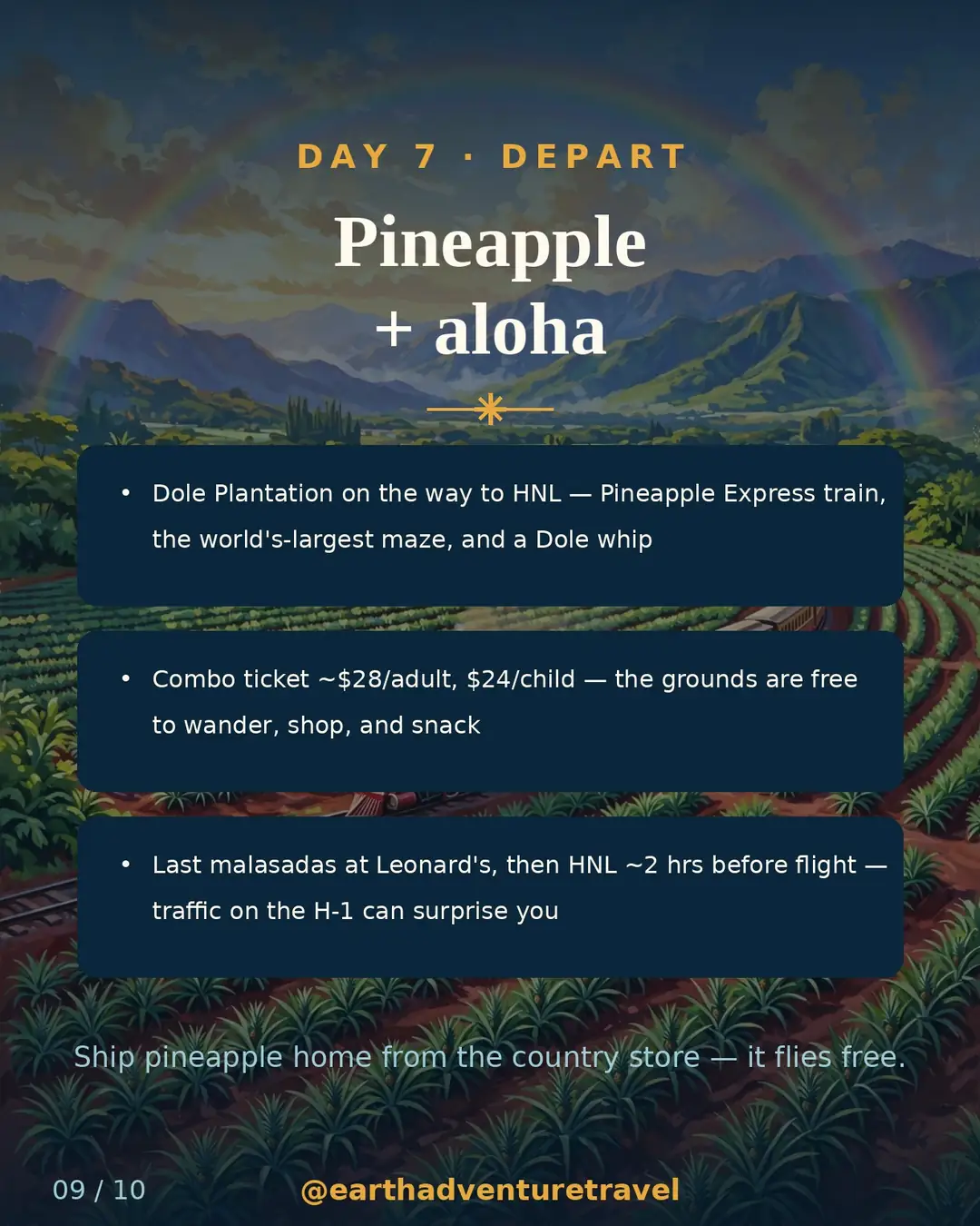 Day 7 itinerary slide: Dole Plantation — train ride, the giant maze, then departure