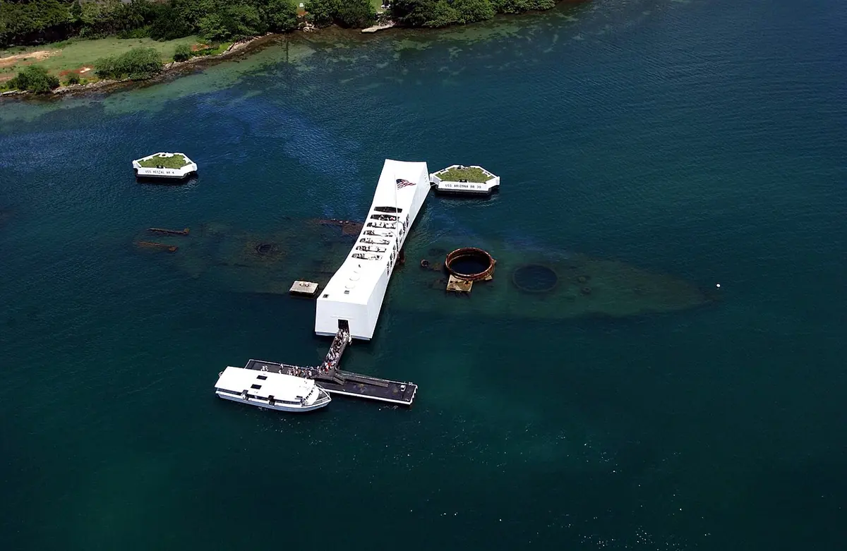 Aerial view of the USS Arizona Memorial at Pearl Harbor