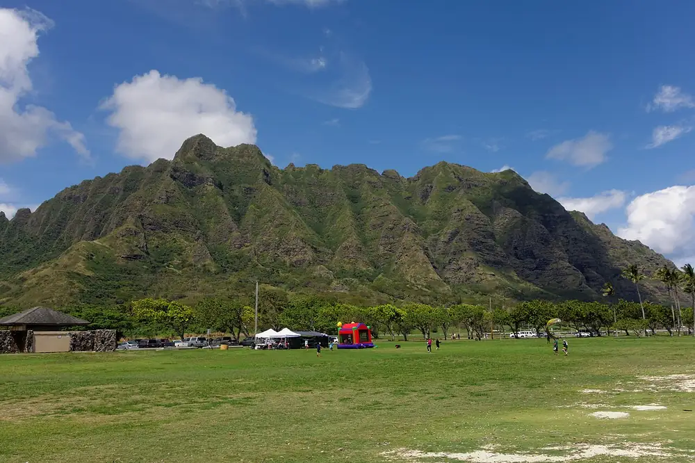 The Kualoa ridgeline rising over the valley