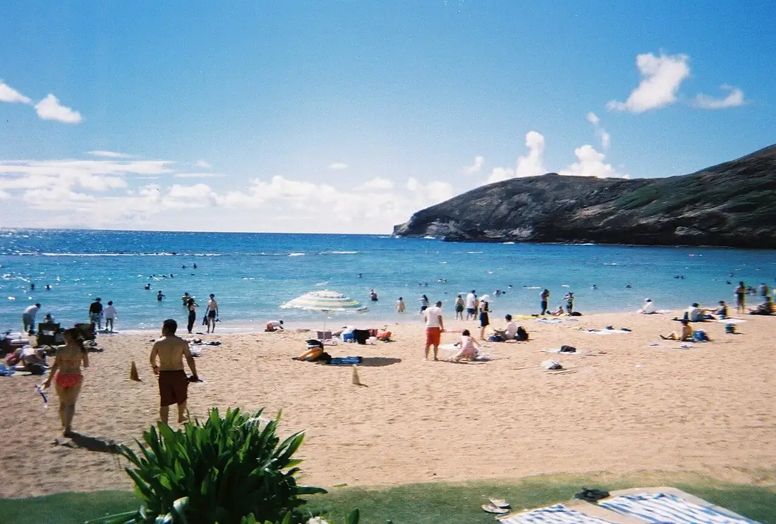 Snorkelers and sunbathers at Hanauma Bay
