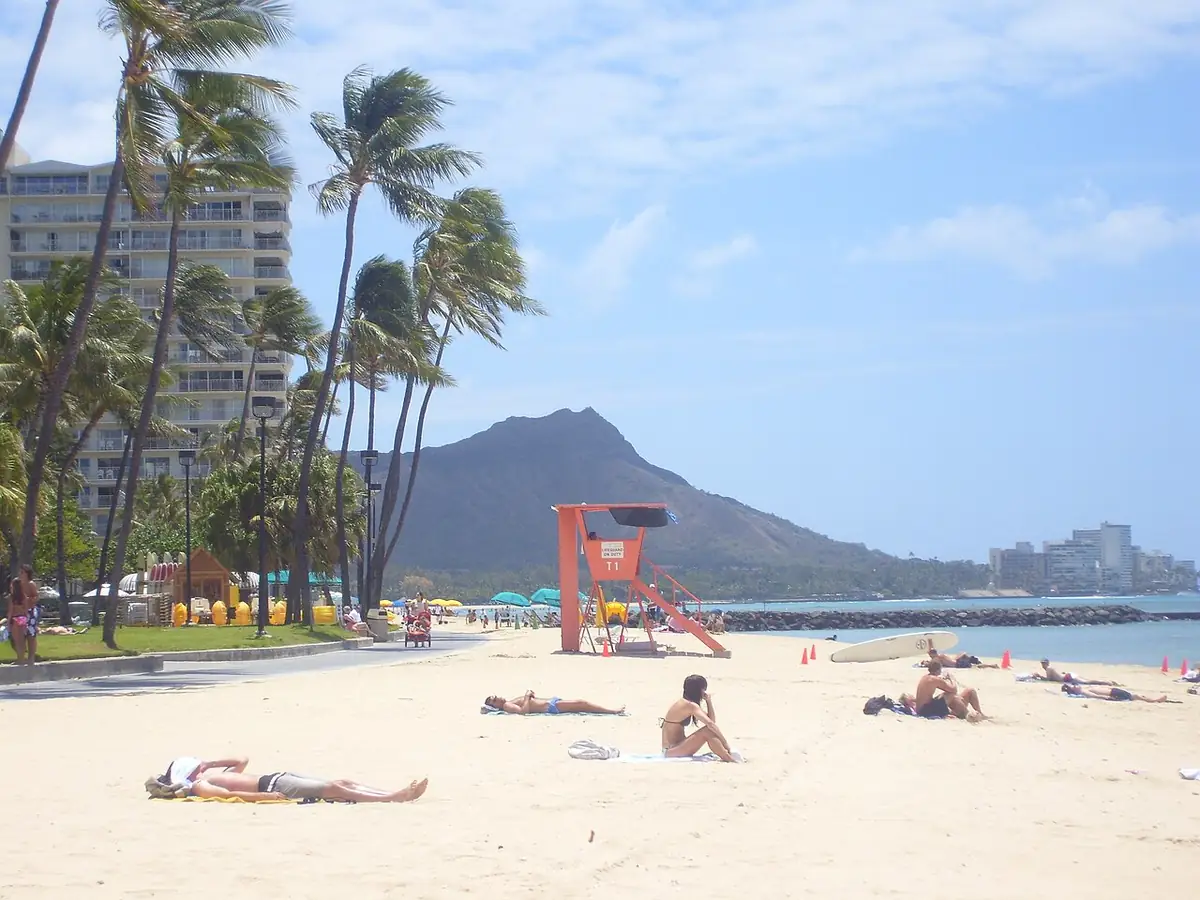 Waikiki Beach with Diamond Head rising behind palm trees
