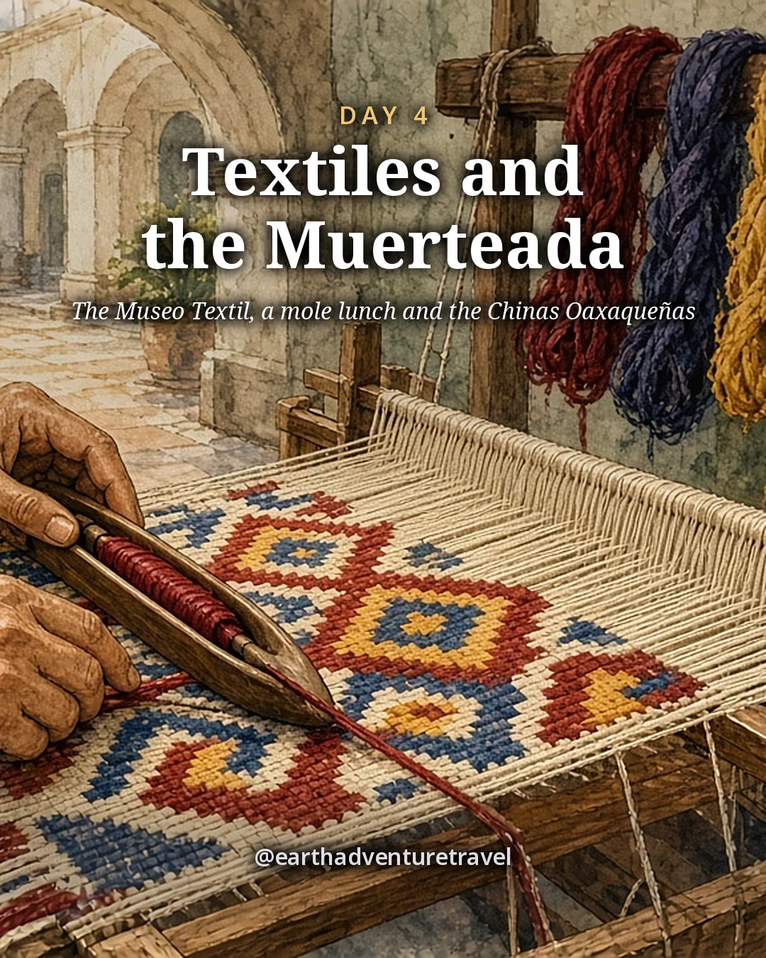 Illustration: hands passing a shuttle through a loom weaving a wool rug in red, indigo and yellow fret patterns, with folded rugs on a green stone wall behind, illustrated day card for Day 4