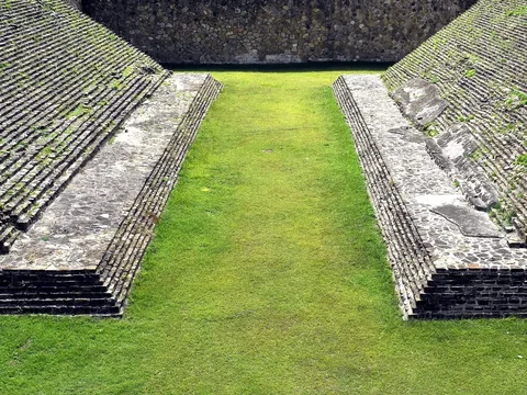 The I-shaped ballcourt at Monte Albán with stone walls and steps