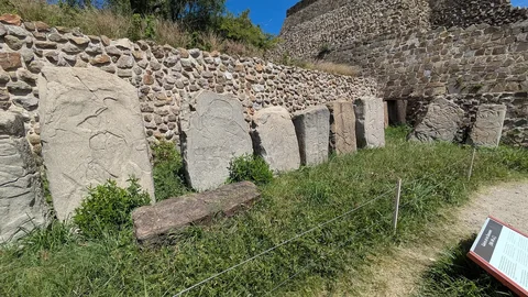 Carved stone Danzantes slabs in a row at Monte Albán