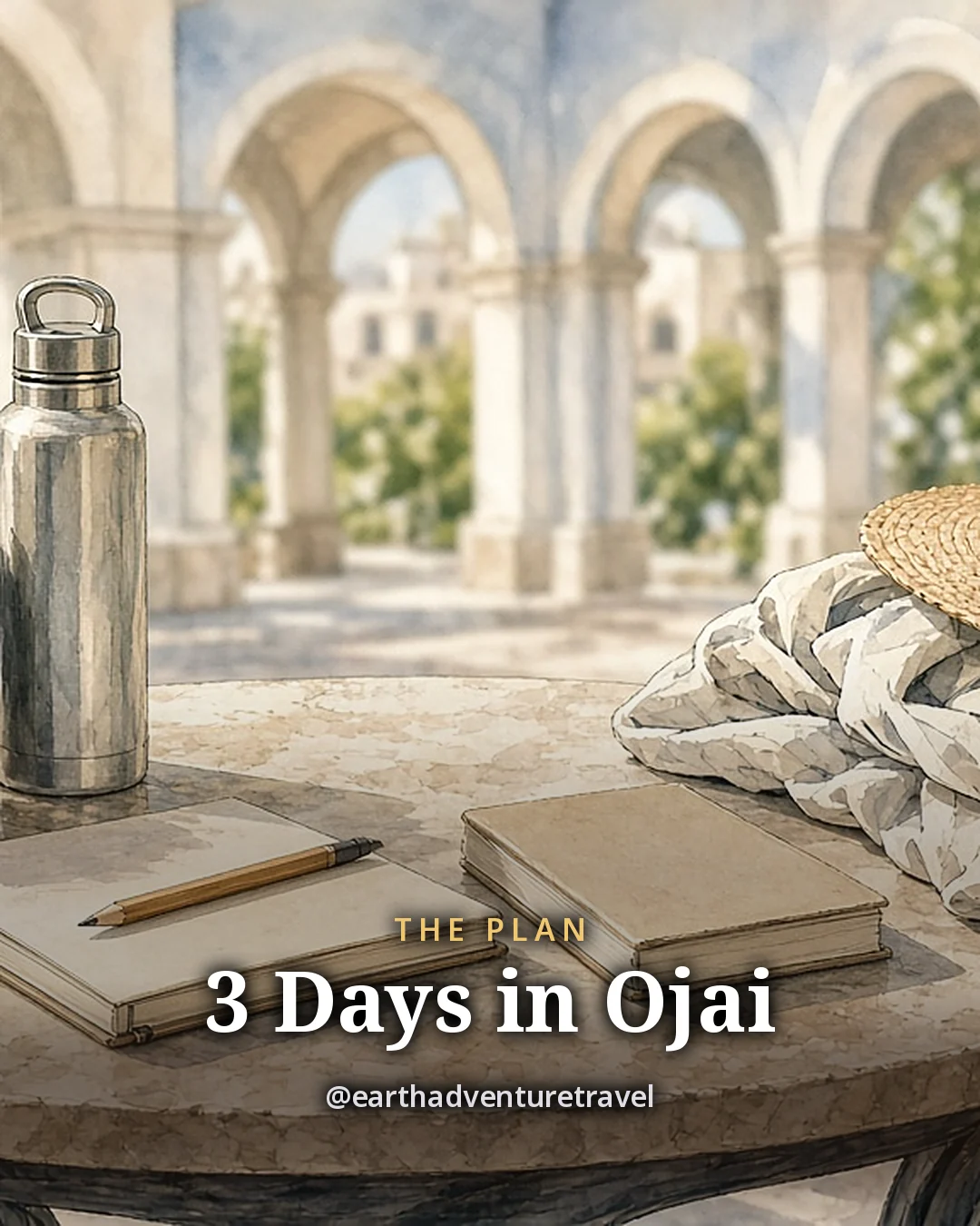 Illustration: a daypack, a steel water bottle, a notebook and pencil, a paperback with a blank cover, a straw sun hat and a light layer on a café table under white arcade arches, original illustrated plan card for 3 days in Ojai