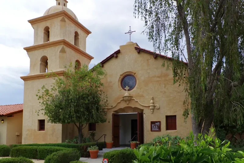 The Ojai Valley Museum, a former chapel with a bell tower and a garden