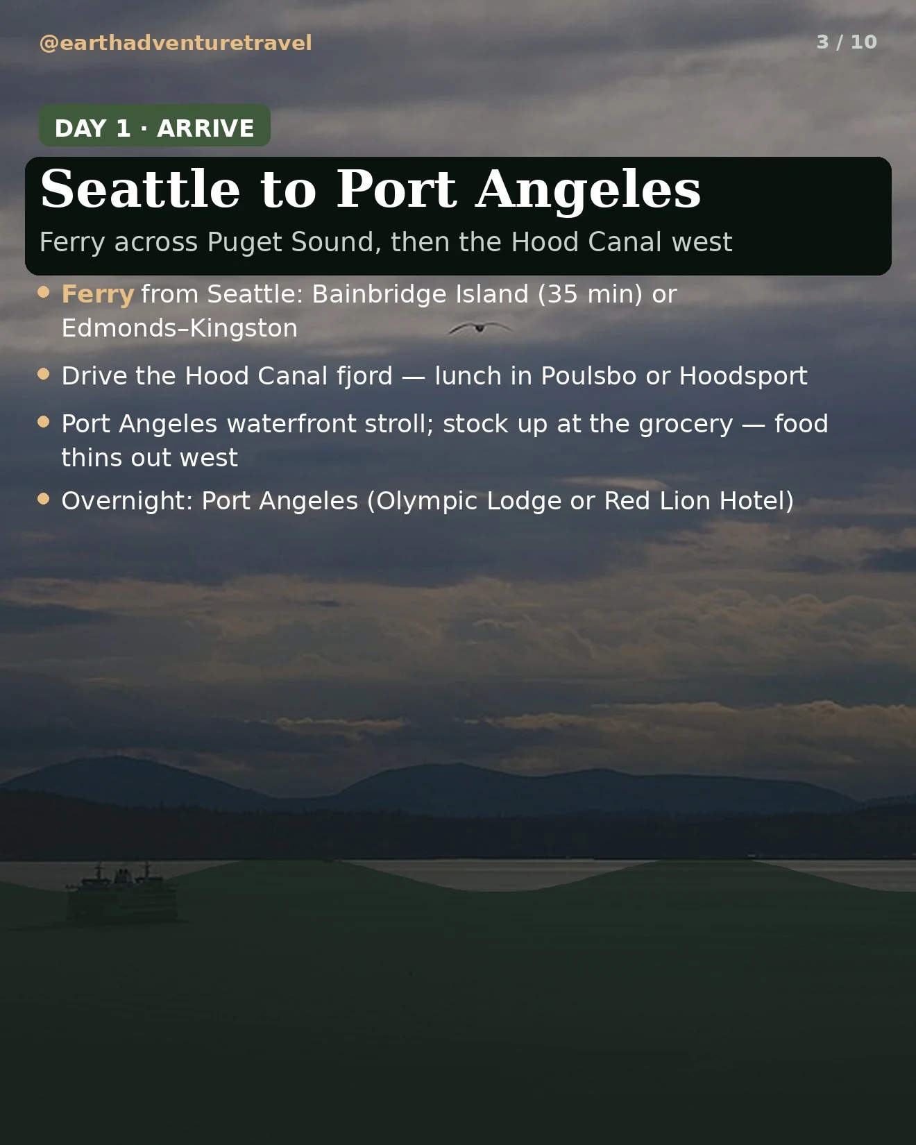 Day 1 itinerary card: arrive Port Angeles, waterfront evening
