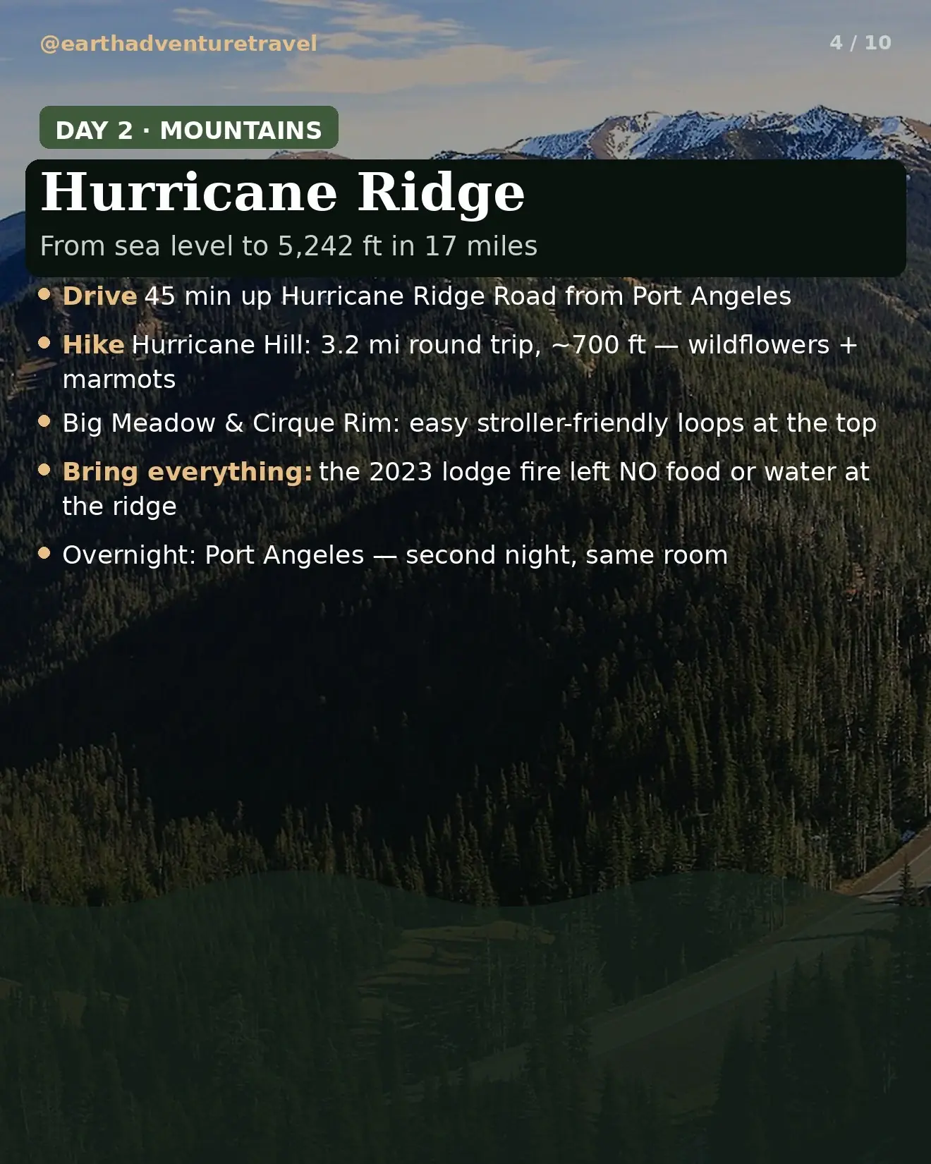 Day 2 itinerary card: Hurricane Ridge, alpine meadows