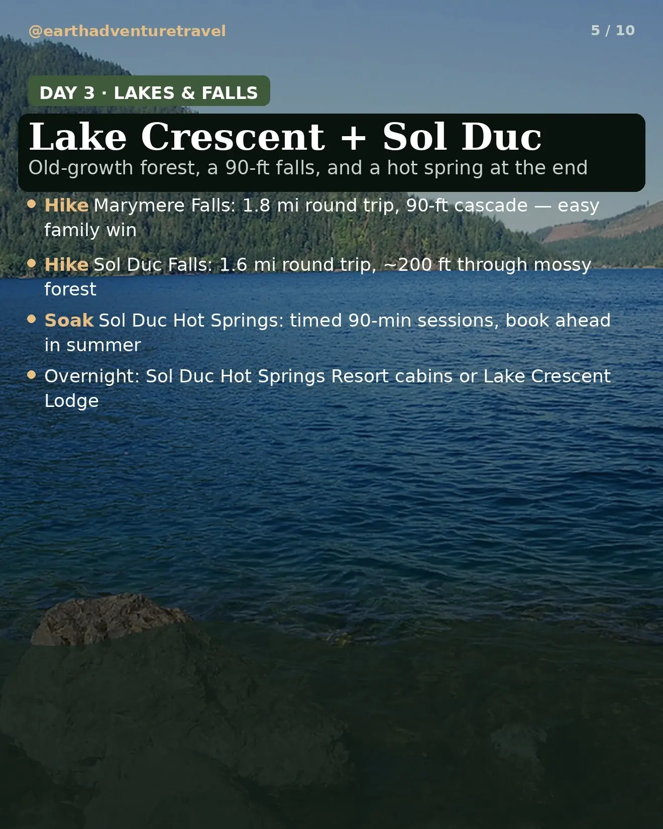 Day 3 itinerary card: Lake Crescent and Sol Duc