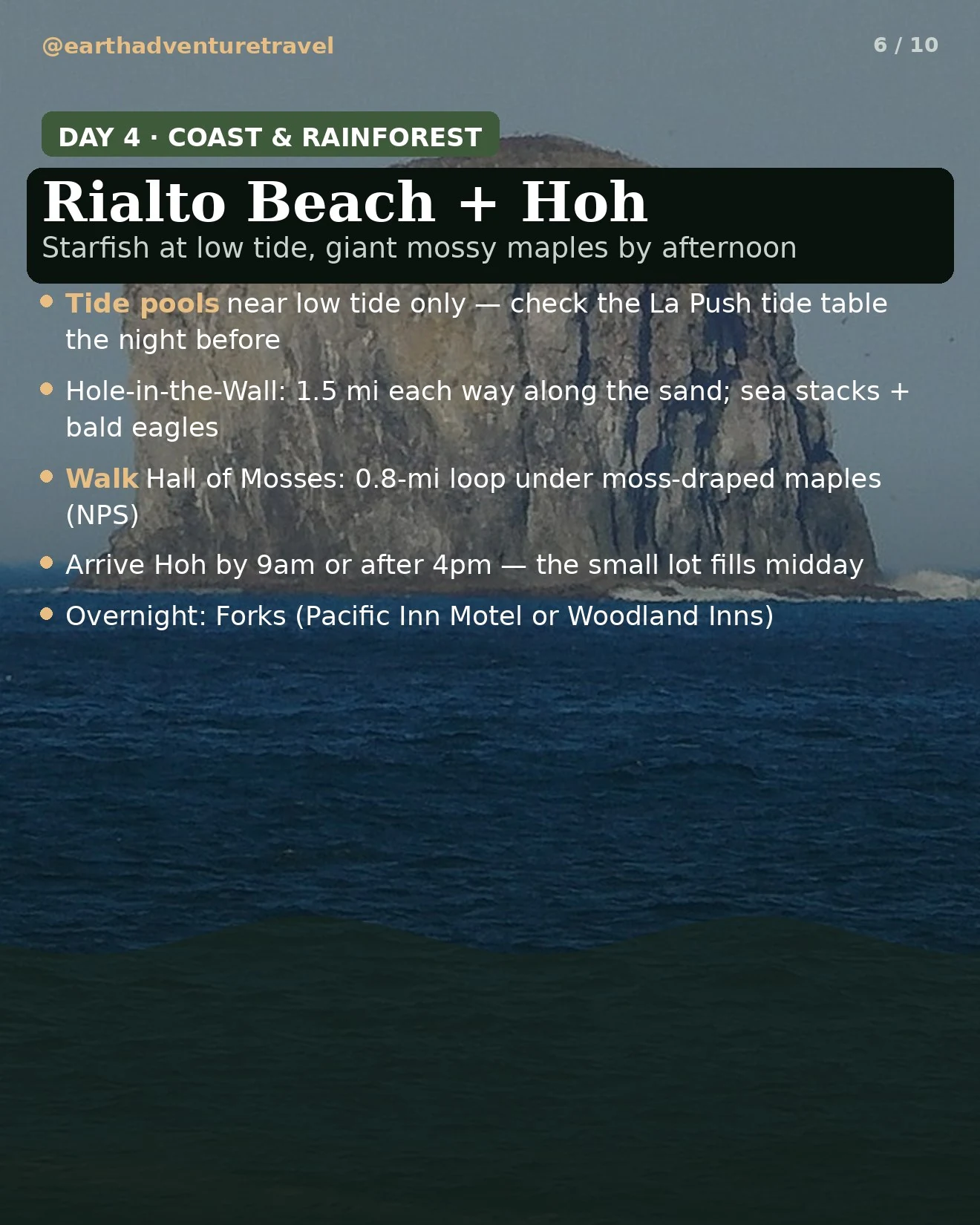 Day 4 itinerary card: Rialto Beach and the Hoh Rainforest