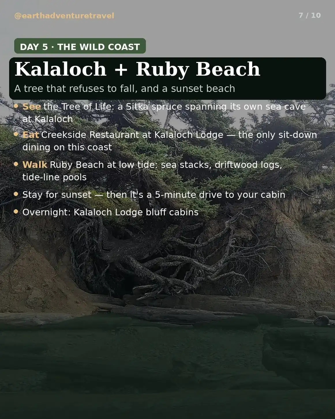 Day 5 itinerary card: Kalaloch and Ruby Beach
