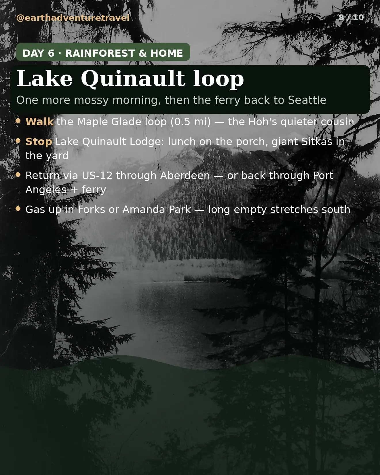 Day 6 itinerary card: Quinault Rainforest and the drive home