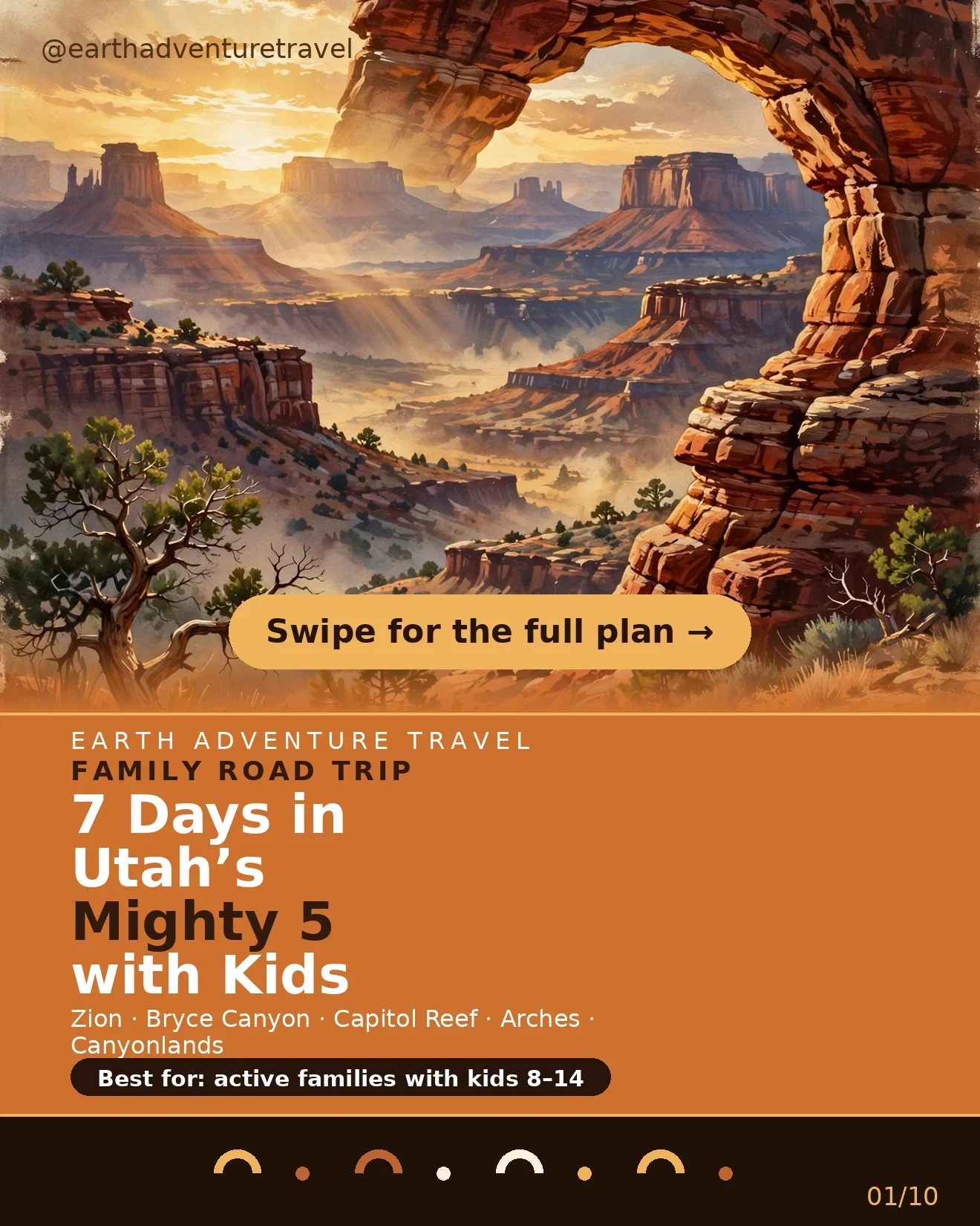 Illustrated Utah desert road trip scene with sandstone arches