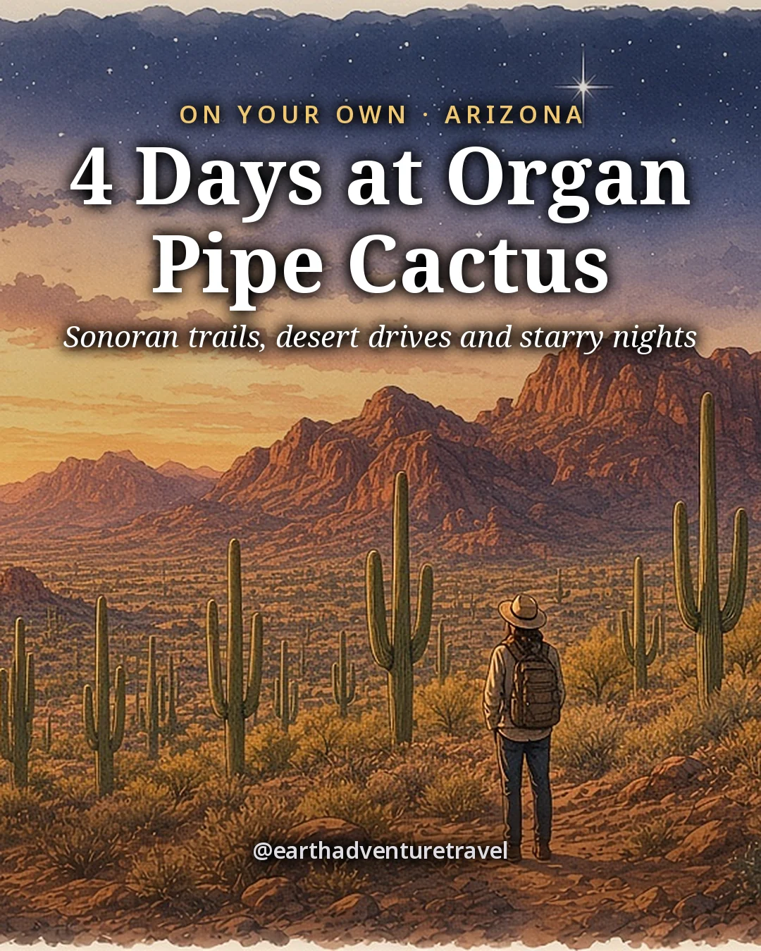 Illustration: the cover for 4 Days at Organ Pipe Cactus, saguaros on a Sonoran Desert slope at dusk with the rose-lit Ajo Range behind, the first star in the sky and one small traveler seen from behind