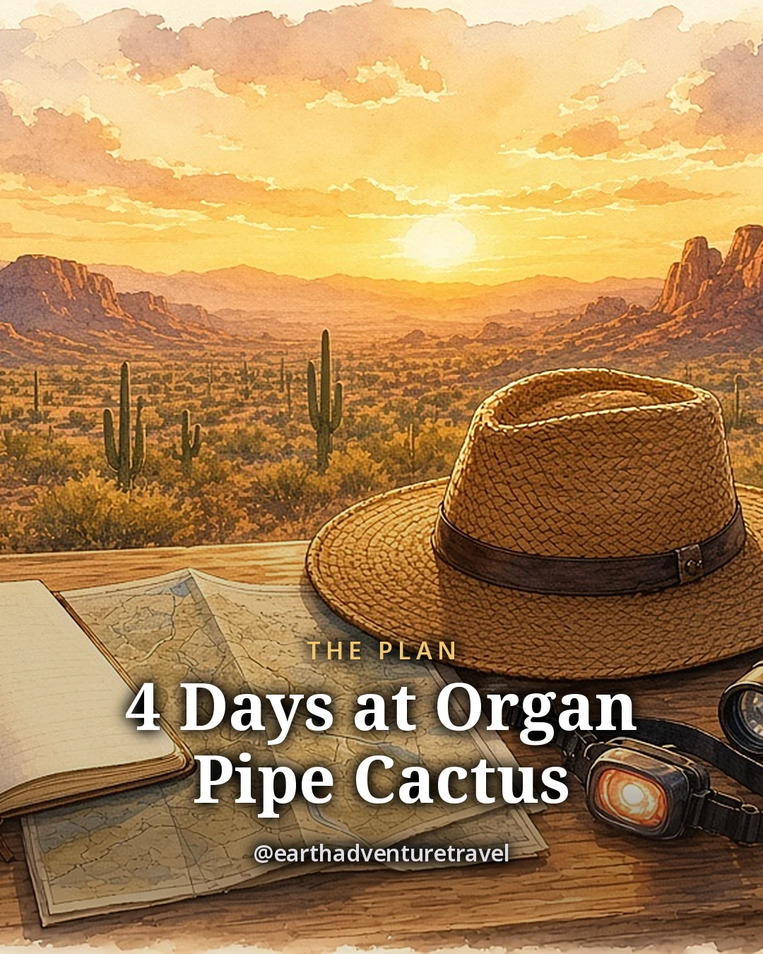 Illustration: an open notebook, a folded map, a wide-brim hat, a steel water bottle, binoculars, a headlamp and a sprig of creosote on a table at sunset, original illustrated plan card for 4 days at Organ Pipe Cactus