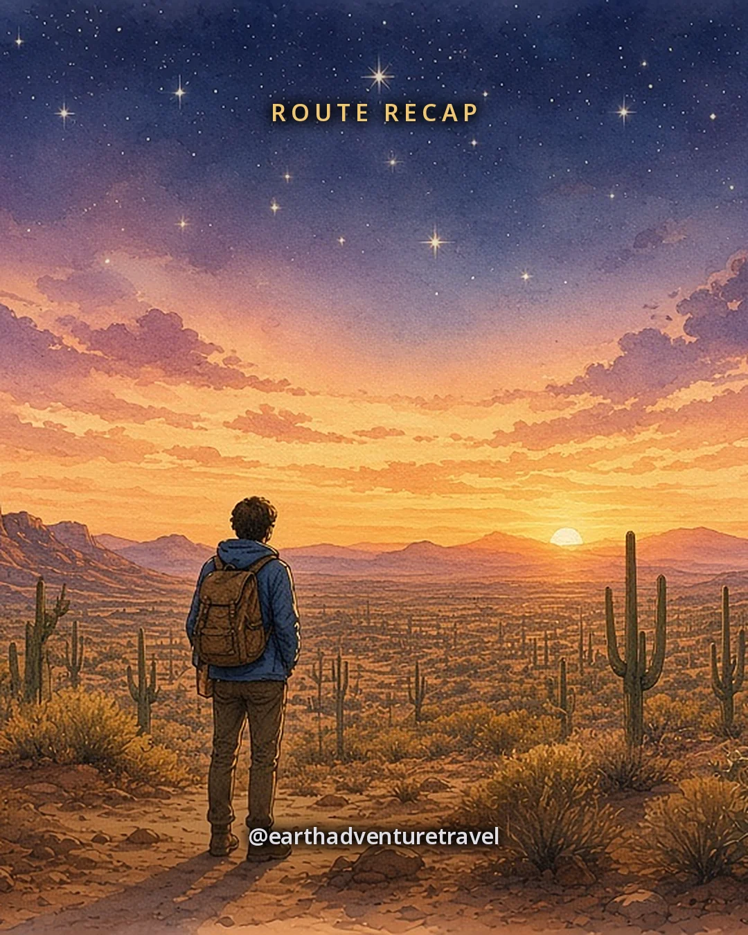 Illustration: saguaros on a desert rise at sunset with one traveler wearing a backpack looking out over the Sonoran Desert, original illustrated recap card
