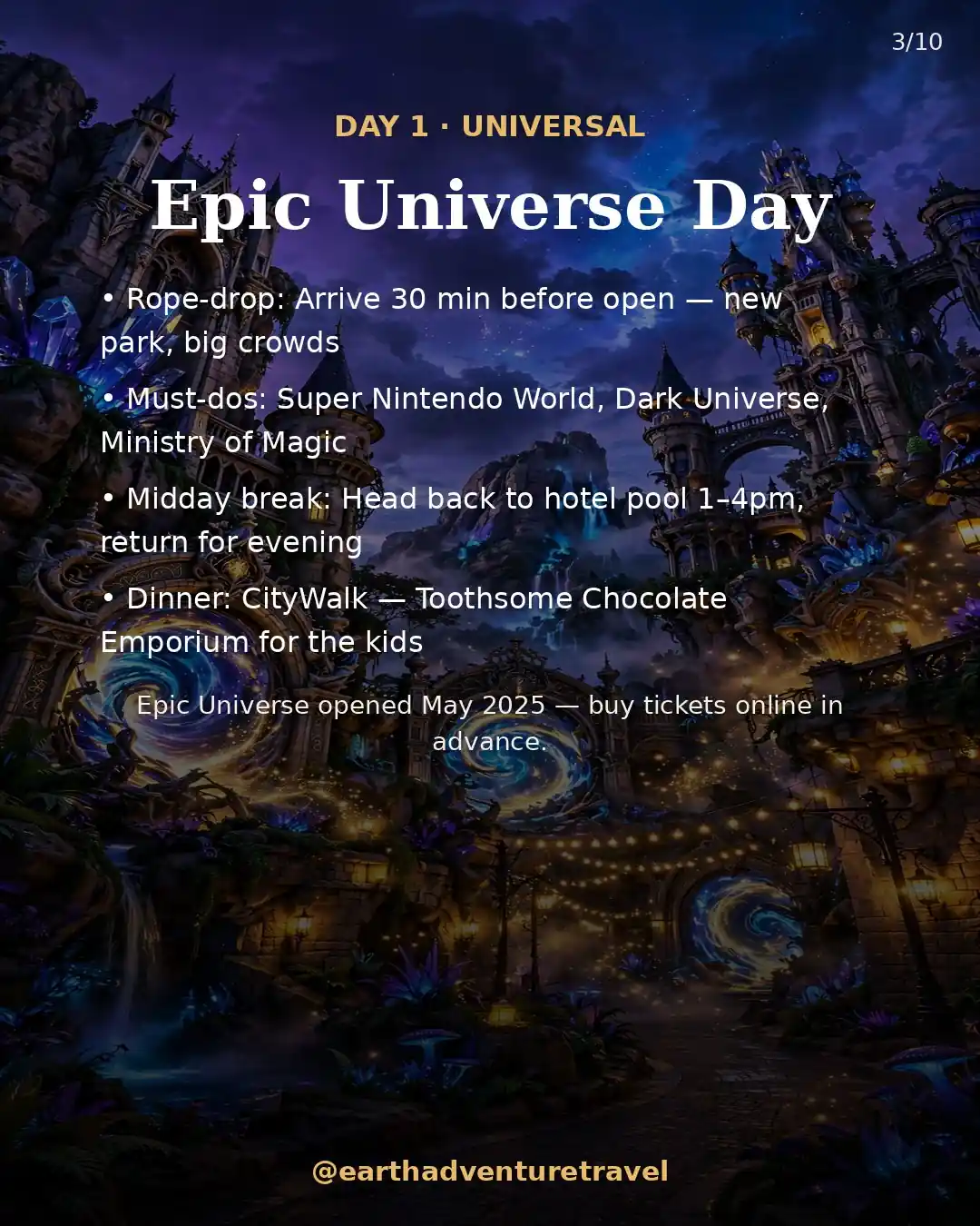 Day 1 graphic: Universal Epic Universe itinerary