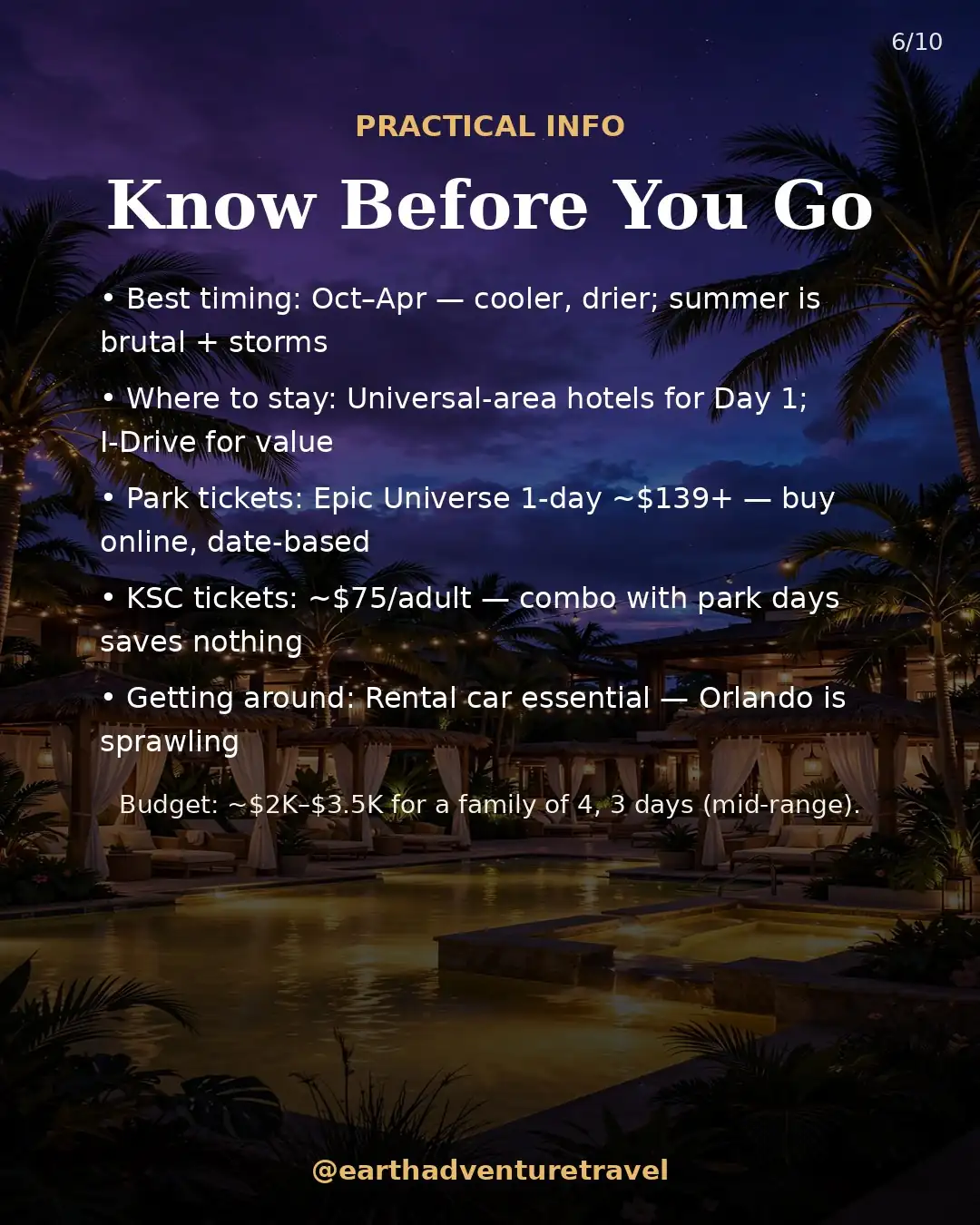 Practical information graphic for the Orlando family trip