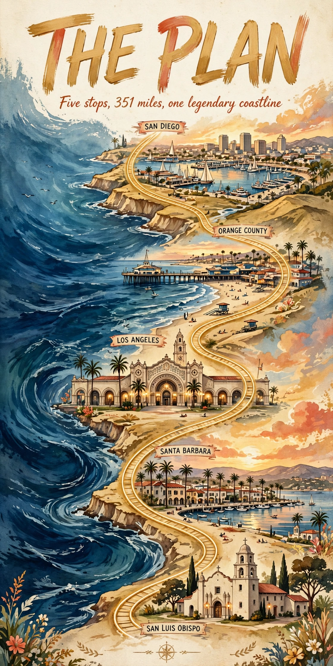 Pacific Surfliner couples trip-plan graphic: the five-day route at a glance