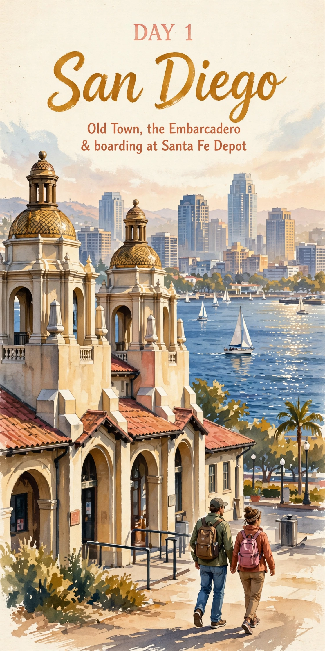 Day 1 itinerary card: San Diego's Old Town and waterfront at golden hour