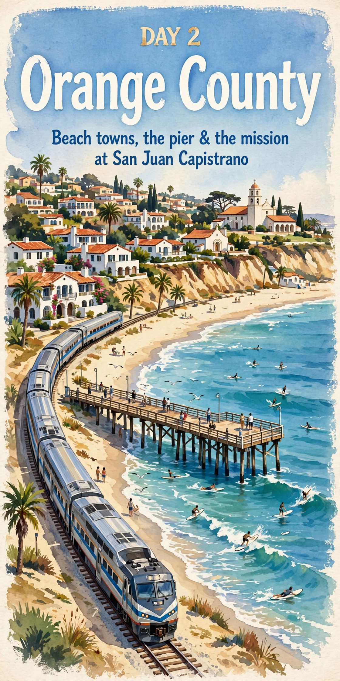 Day 2 itinerary card: the San Clemente Pier and beach at golden hour