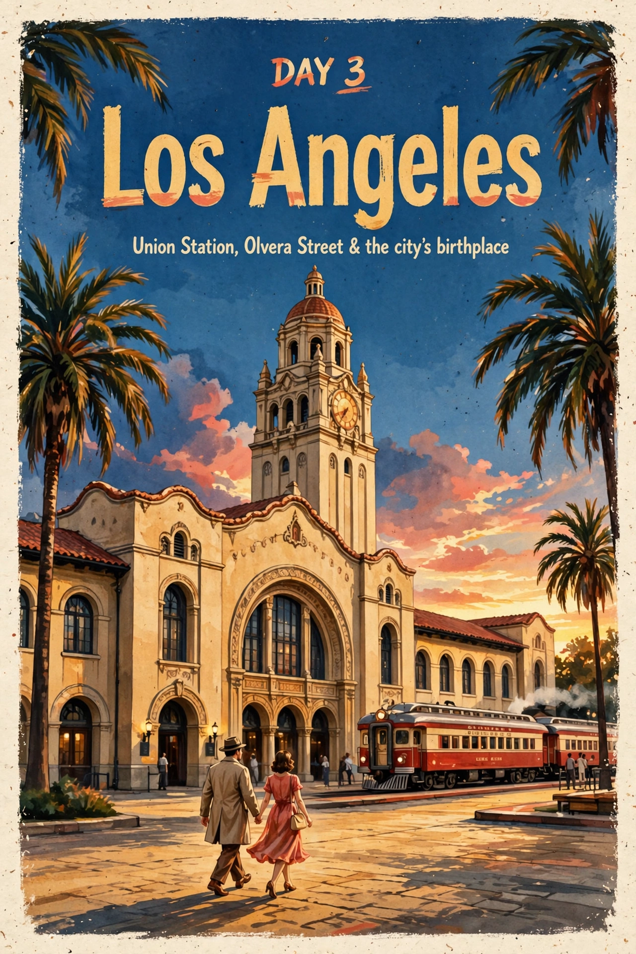Day 3 itinerary card: Los Angeles Union Station at golden hour