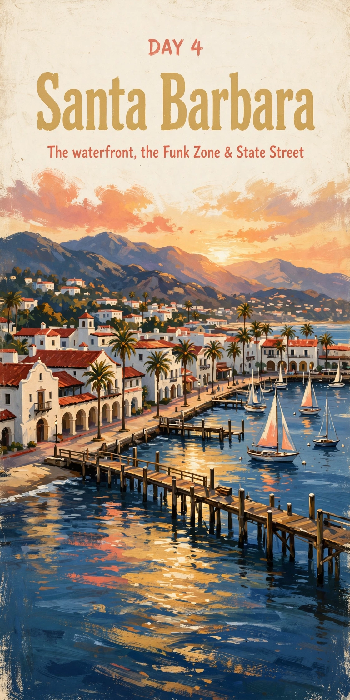 Day 4 itinerary card: Santa Barbara's waterfront and wharf at sunset