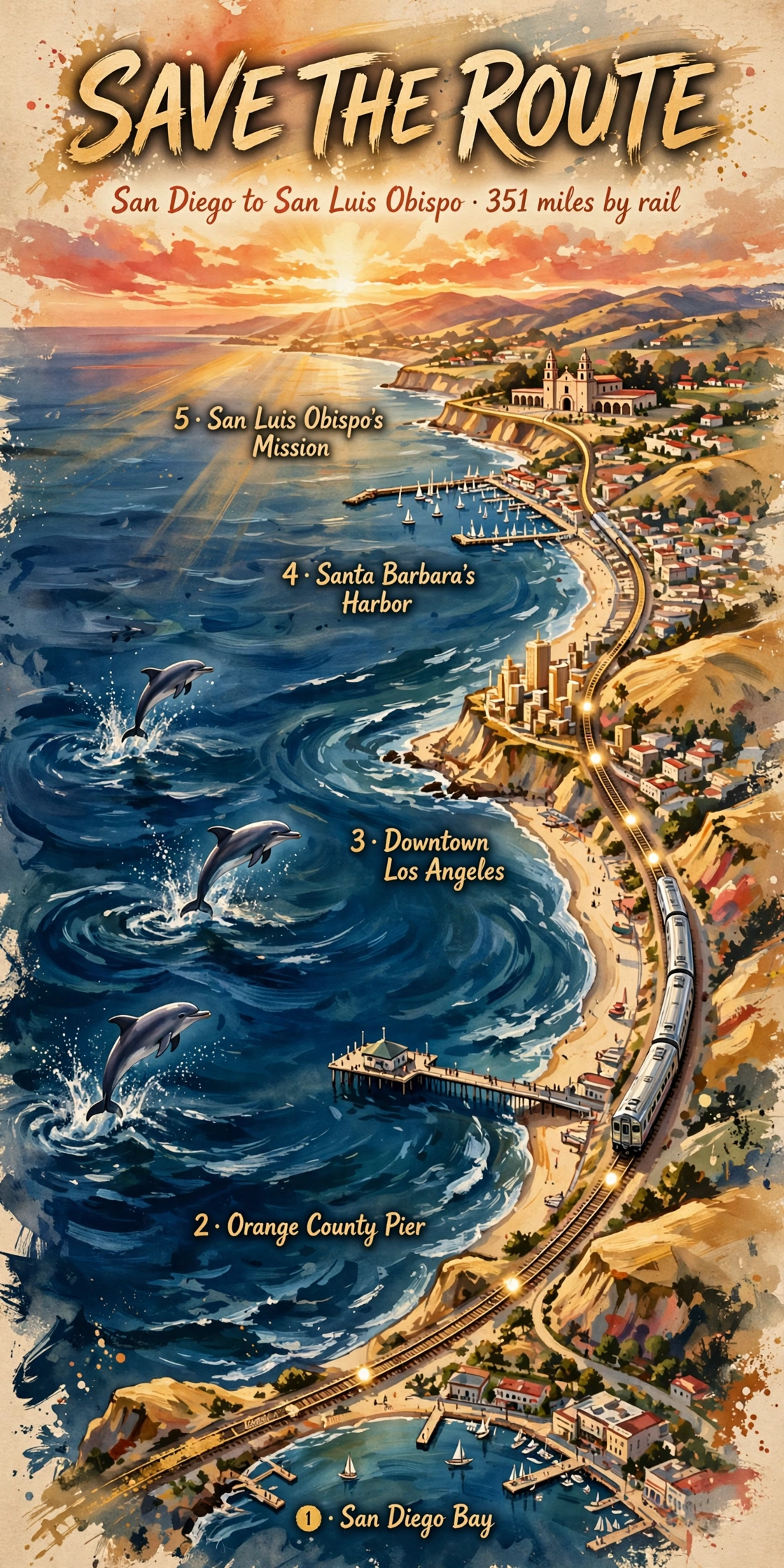 Saveable recap graphic for the five-day Pacific Surfliner couples route