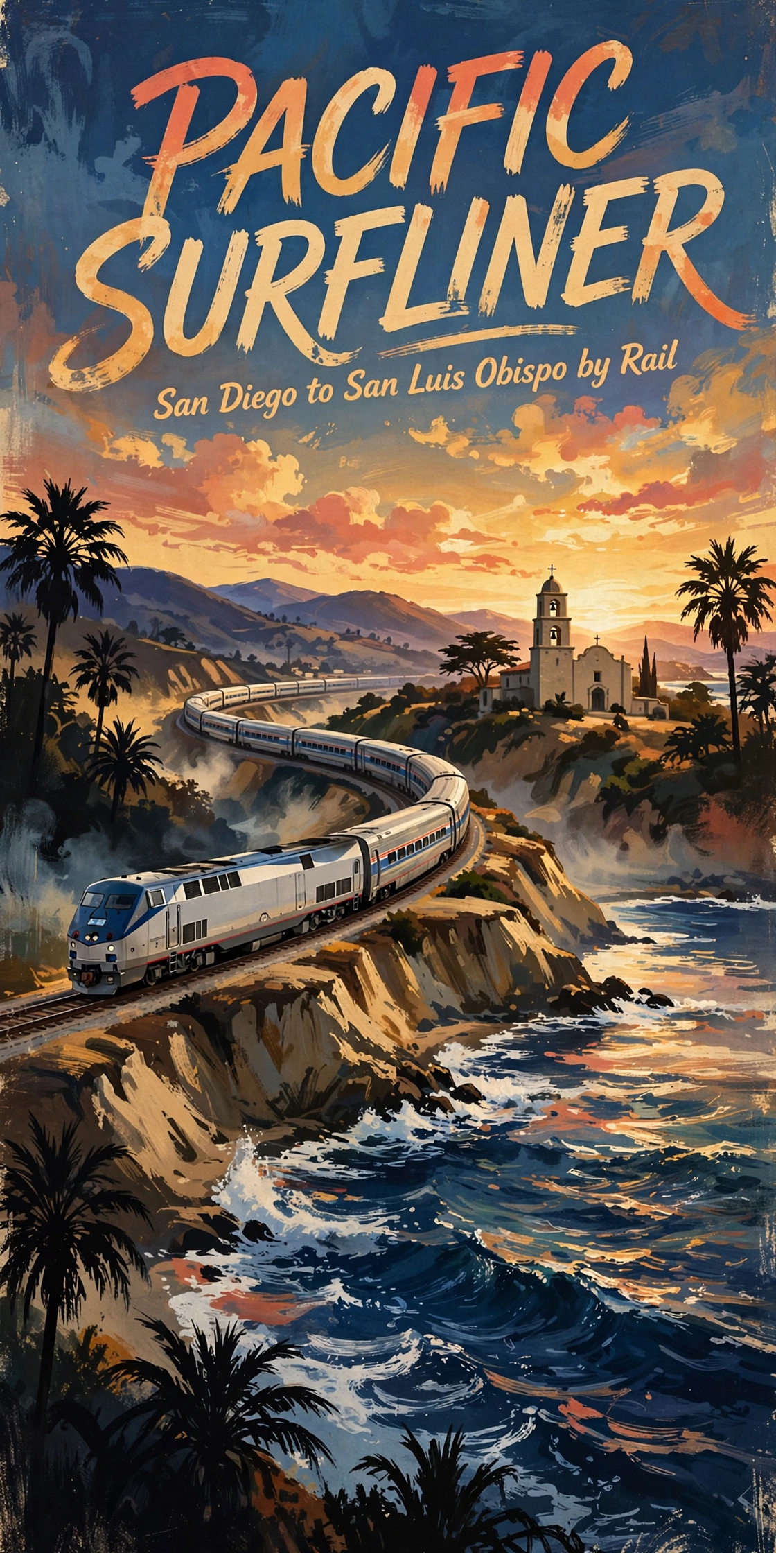 Pacific Surfliner couples travel guide cover: an Amtrak train curving along coastal cliffs at sunset — a 5-day couples rail itinerary